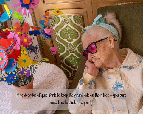 90th Birthday Card Wishes - Cute Grandma Next To DIY Flower Pot