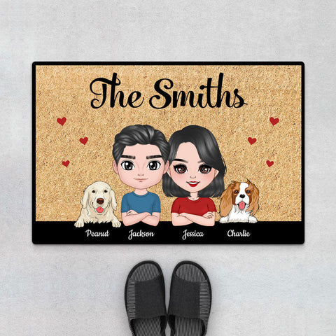 Personalized Doll Couple And Dogs Door Mats