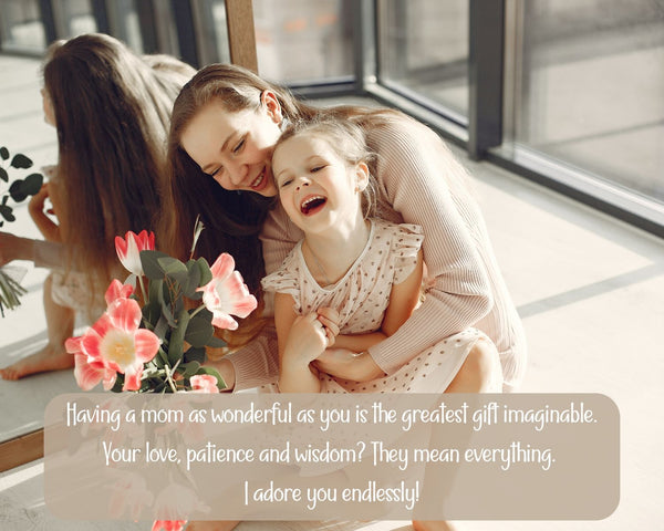 Happy Birthday Message to Mom - Mom Hugging Little Kid with Flowers