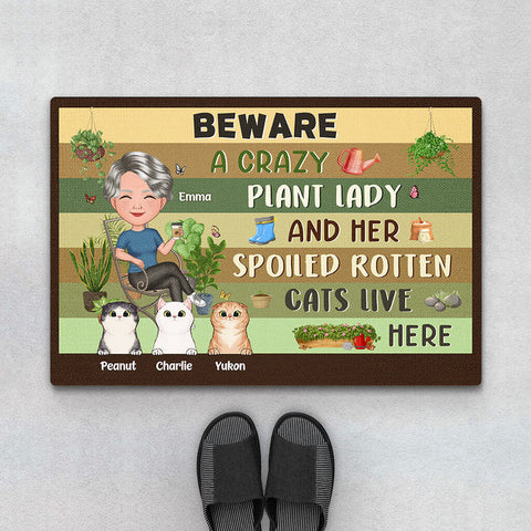 Personalized Beware A Crazy Plant Lady & Her Spoiled Rotten Cats Live Here Doormat for Funniest Mother's Day Gifts[product]