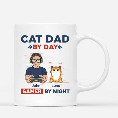 Personalized Cat By Dad By Day Gamer By Night Mug - Brother Gift Idea For His 21st Birthday