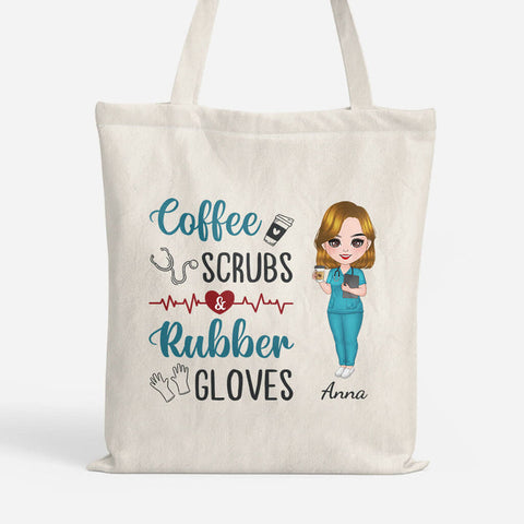 Personalized Coffee Scrubs And Rubber Gloves Tote Bag - Graduation Nurse Gift Ideas[product]