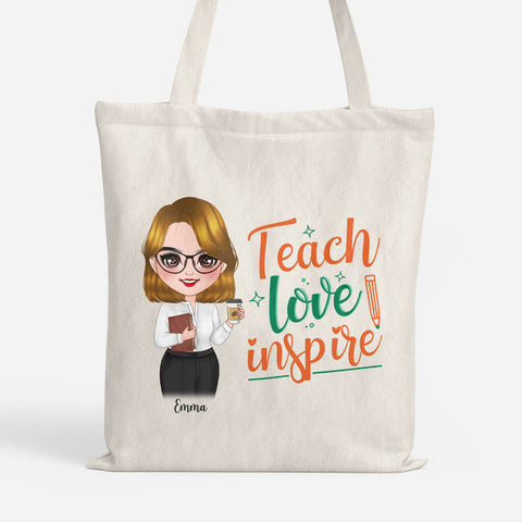 Personalized Teach Love Inspire Tote Bag with different color base and teacher’s illustration[product]