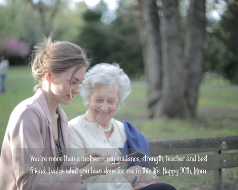 90th Birthday Card Wishes - Mom and Daughter Watching The Phone in The Park