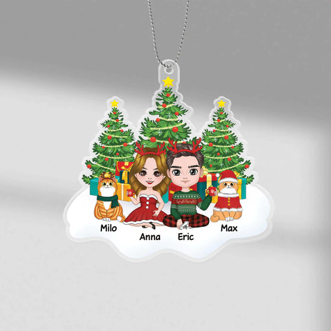 Personalized Couple And Cats Sitting On Snow Christmas Tree Ornament