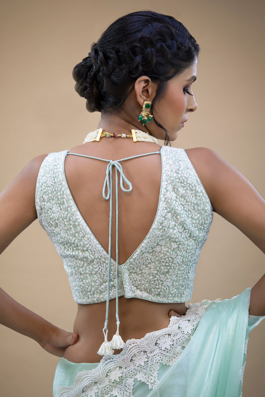Dual Tone Embroidered Net Sleeveless Blouse With Sweetheart Neckline |  Anaysa Fashion