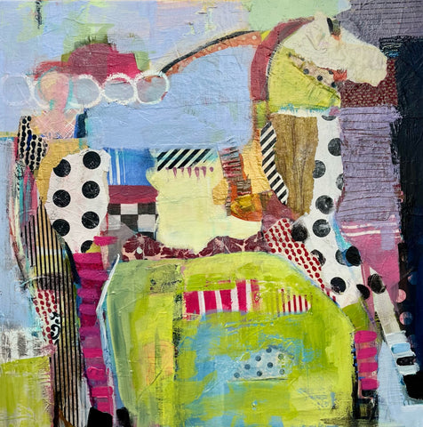 Show Stopper a colorful mixed media painting of a circus pony and sidekick