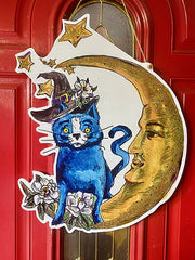 halloween door decor 504 funk blue cat crescent moon door hanger