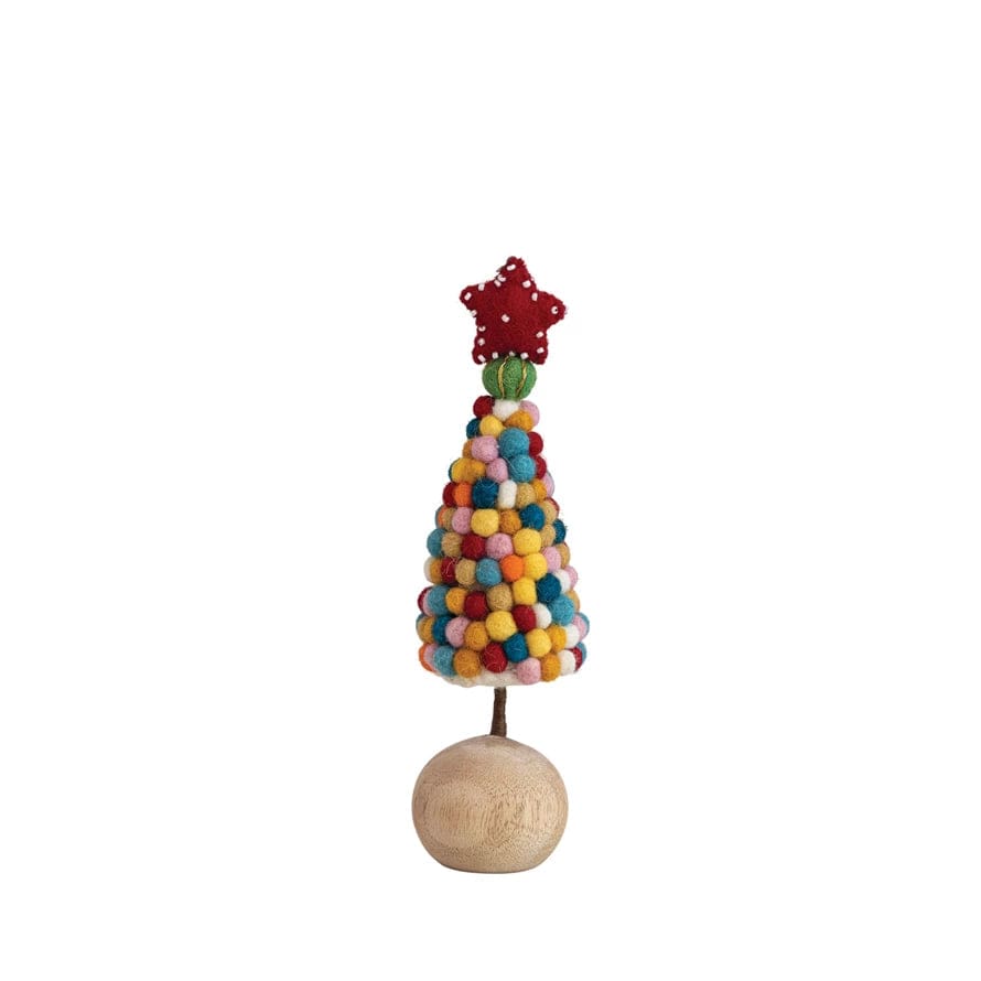Creative Co-op Handmade Wool Felt Pom Pom Tree with Beaded Star & Wood Ball Base
