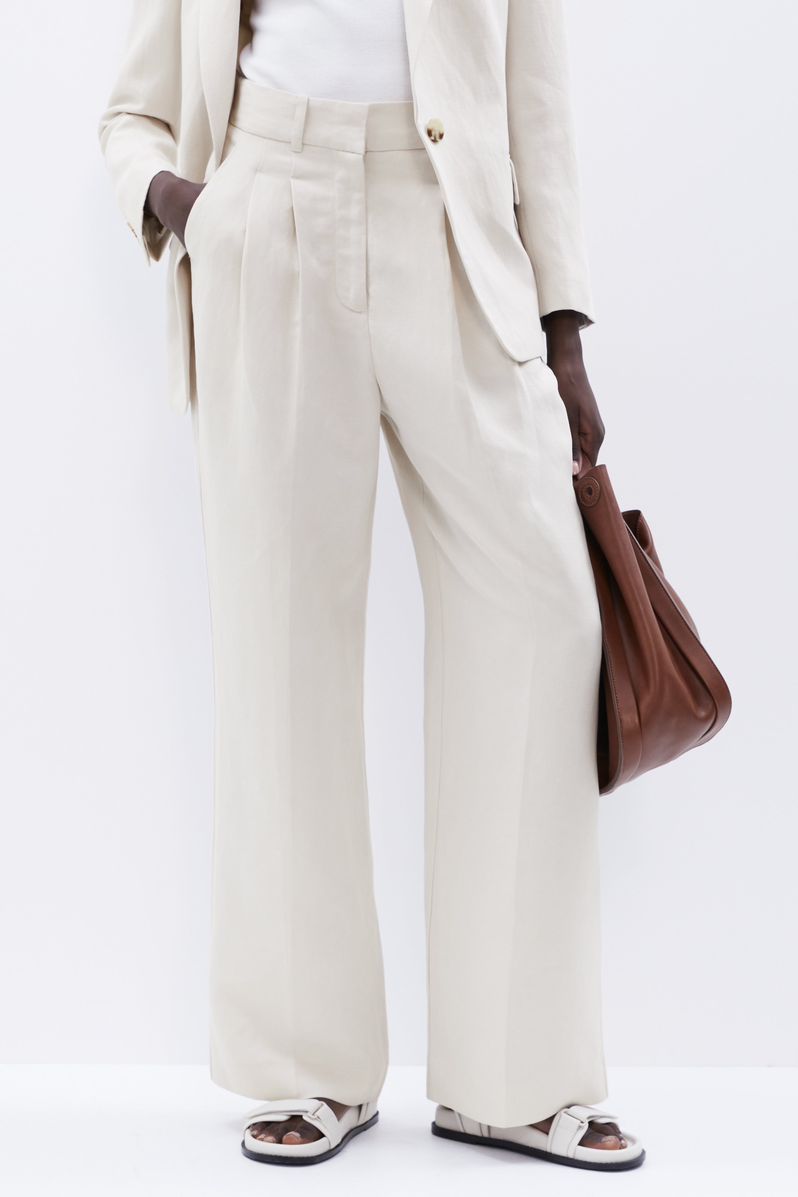 Women's Linen-Blend Tailored Wide Leg Pant