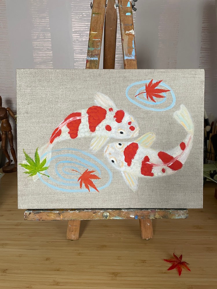Koi Fish with Maple Leaves in Water Painting