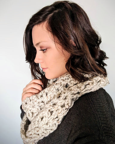 women wearing crochet scarf