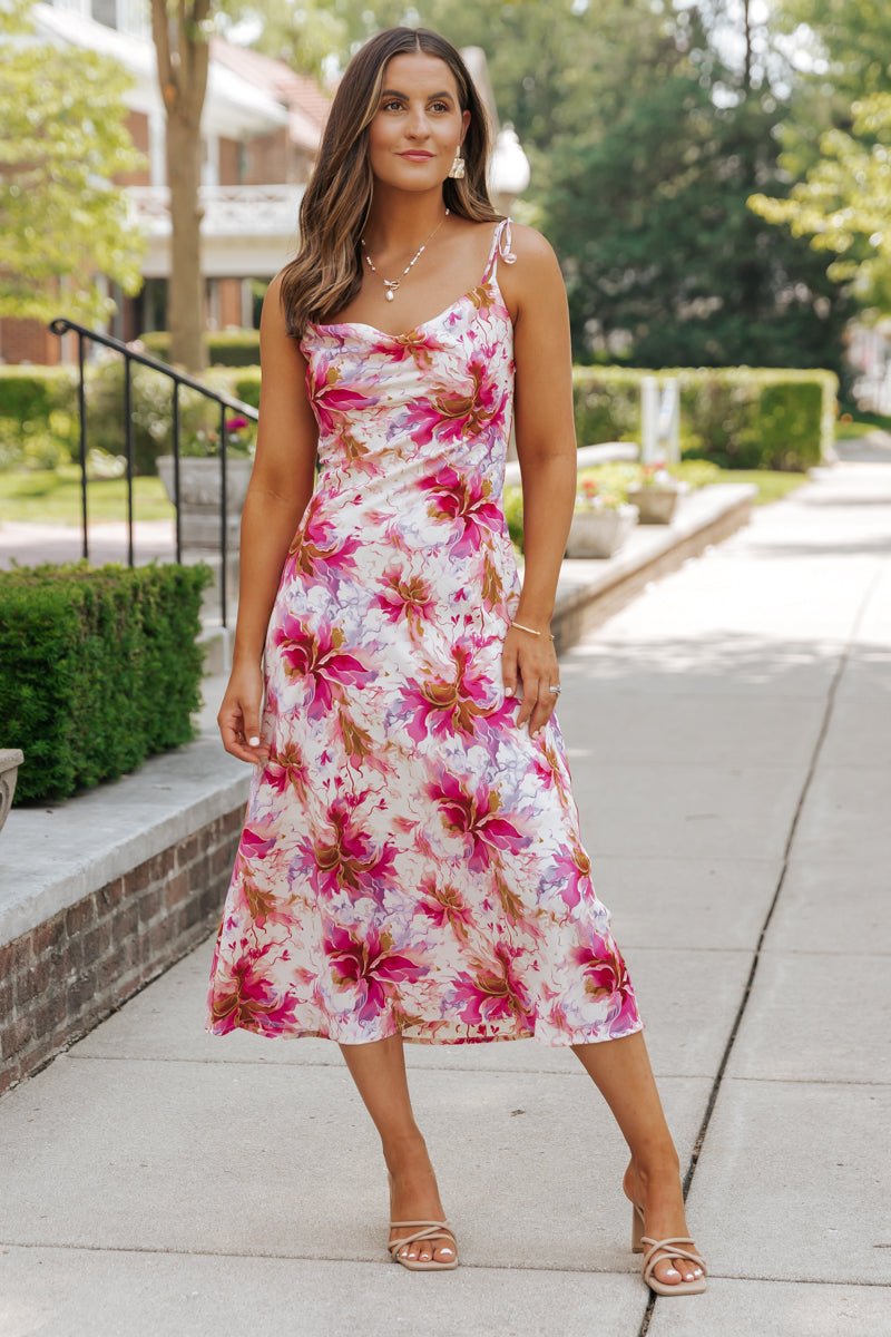 Image of Blush Floral Print Satin Midi Dress