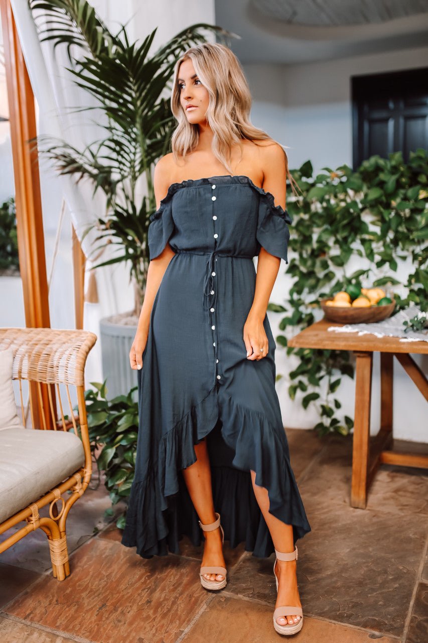 Navy High Low Dress: Off The Shoulder Button Down Maxi - Magnolia Boutique product image