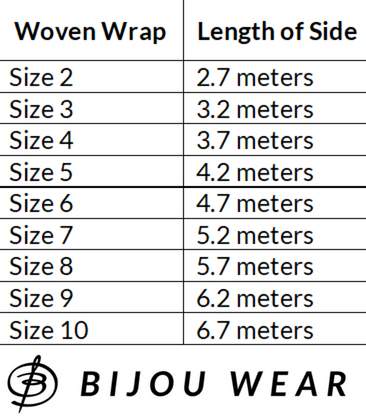 woven wrap sizes in inches