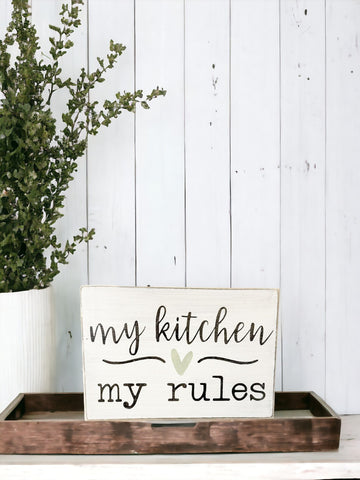 My Kitchen My Rules Wood Sign with Green Heart - Playful Kitchen Decor Gift for Mom or Wife