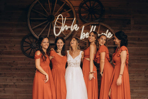 Babaroni bridesmaid dresses in rust
