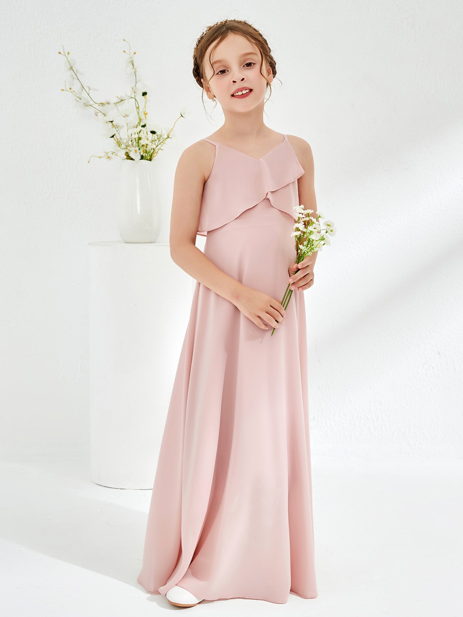 V-neck Spaghetti Straps Long Junior Bridesmaid Dress Dusty Rose - BABARONI UK product image