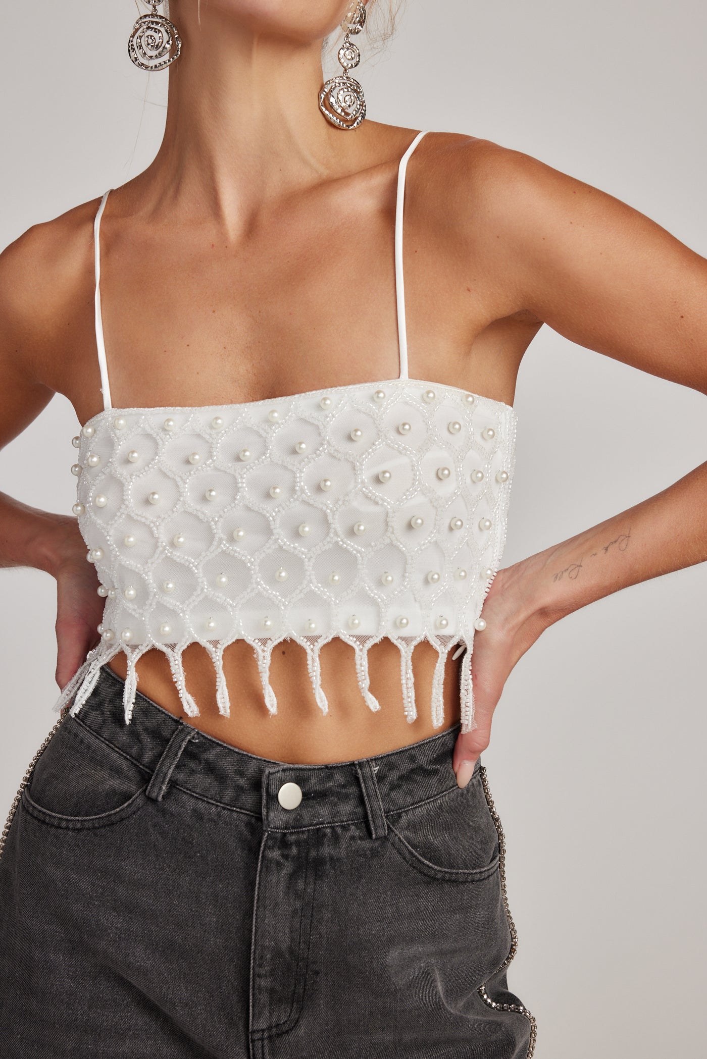 Show Stopper Pearl and Bead Mesh Crop Top XL