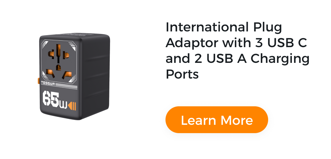 International Plug Adaptor with 3 USB C and 2 USB A Charging Ports