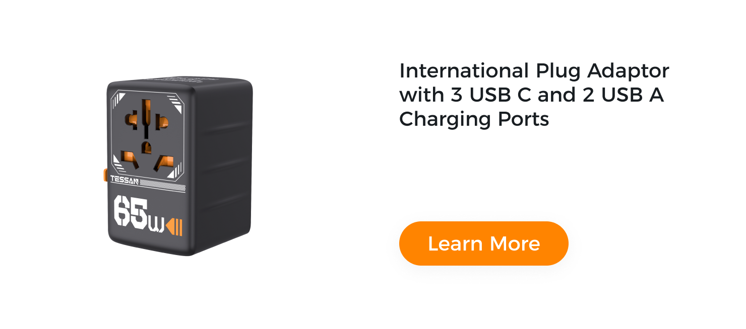 International Plug Adaptor with 3 USB C and 2 USB A Charging Ports