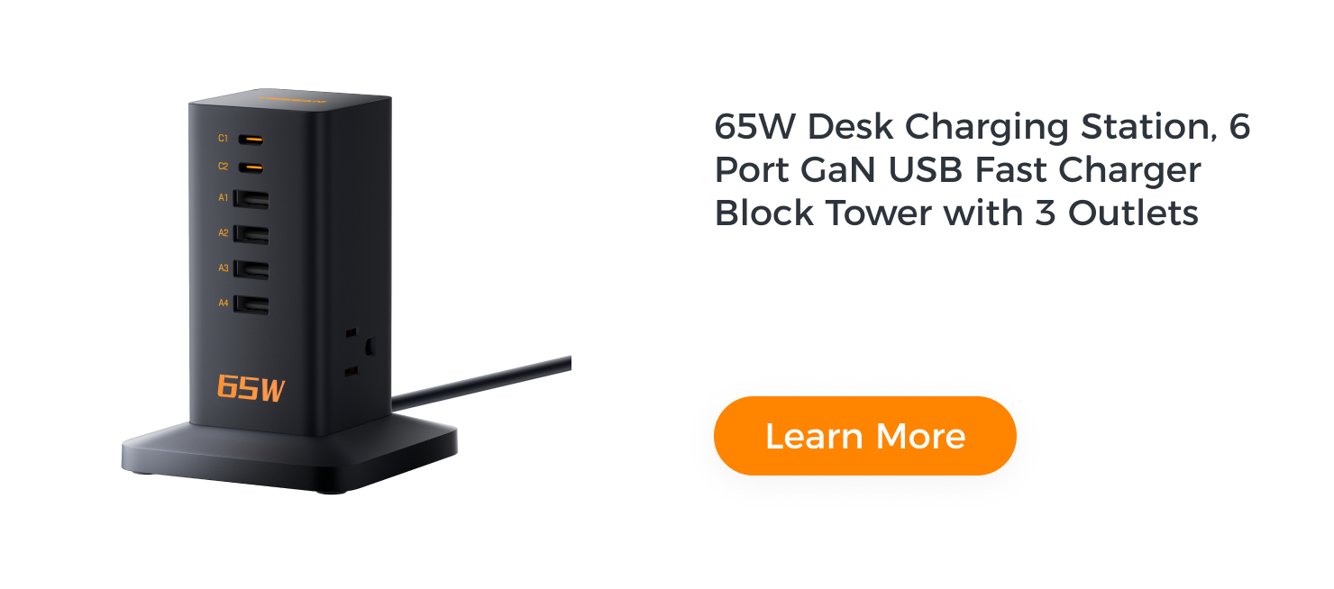 65W Desk Charging Station, 6 Port GaN USB Fast Charger Block Tower with 3 Outlets