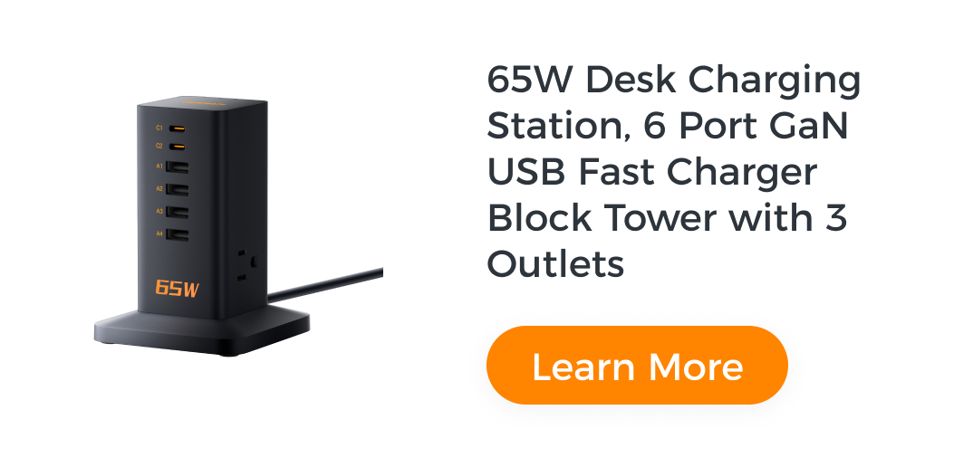 65W Desk Charging Station, 6 Port GaN USB Fast Charger Block Tower with 3 Outlets