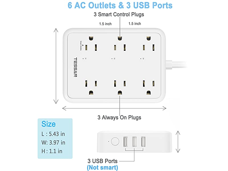 TESSAN WiFi Flat Plug Strip with 3 Smart Outlets and 3 USB Ports, 6 Fe