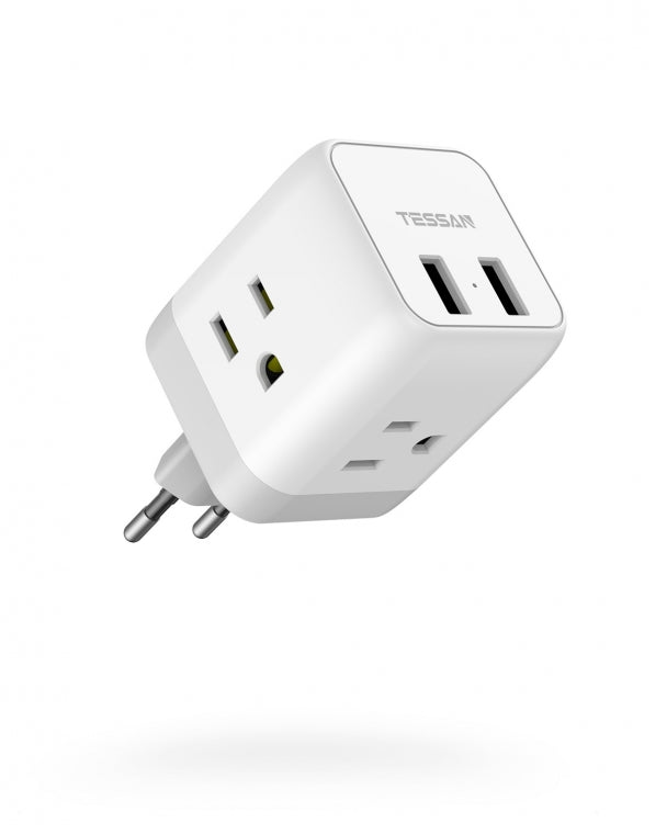 TESSAN US to Germany/France Travel Plug Adapter with 3 Outlets 2 USB Ports (Type E/F Plug)