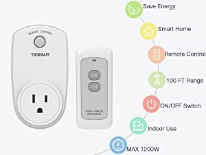 Remote Control Outlet, TESSAN Wireless Electrical Outlet, On/Off Light  Switch for String Lights, Small Appliance, Fan, Lamp, 100ft RF Long Range  Wall Plug, 15A/1875W(1 Remote + 1 Outlet)