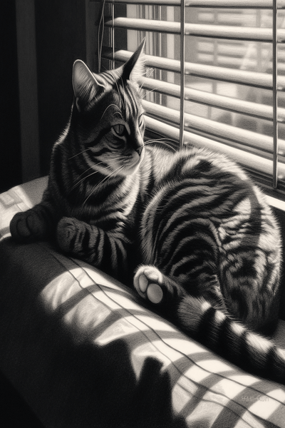 A cat resting on a windowsill, with light filtering through blinds, creating striped shadow patterns