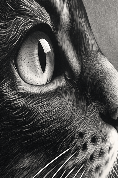 A close-up of a cat's face, emphasizing the contrast between light and shadow on its features