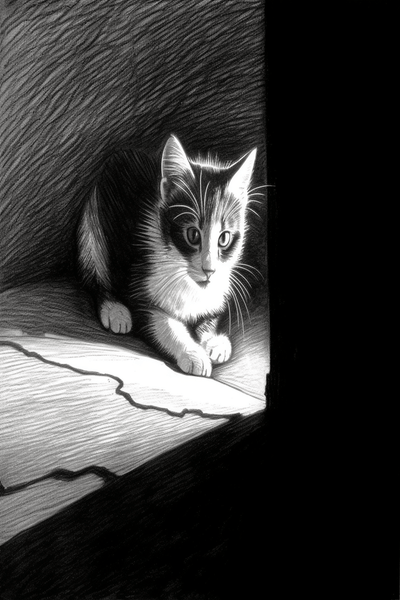 A kitten peering out from a dark corner, with dramatic lighting casting bold shadows