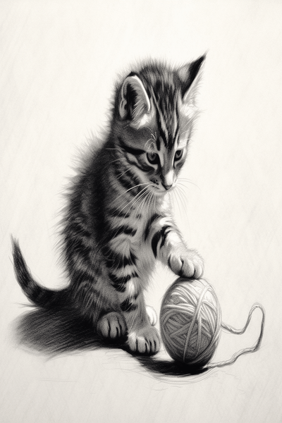 A kitten playing with a ball of yarn, with shading emphasising its movements and textures