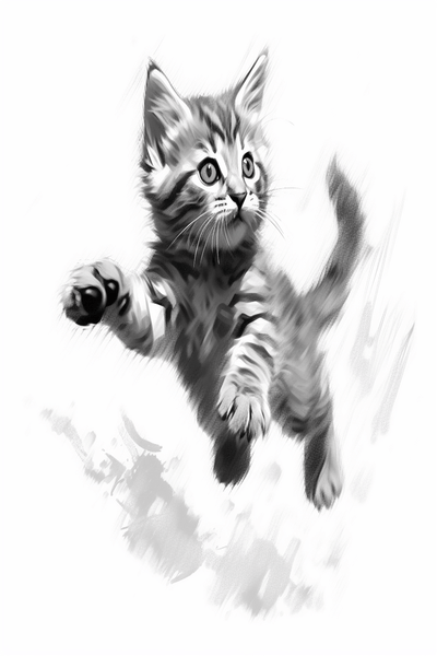 A playful kitten leaping in mid-air, with shading accentuating its dynamic pose
