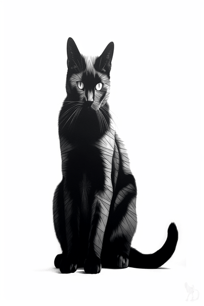 A poised black cat with intricate shadow patterns highlighting its sleek fur