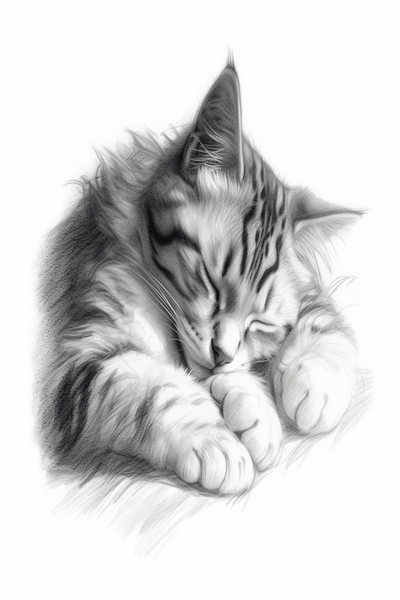 A serene scene of a sleeping cat, with delicate shading capturing the softness of its fur