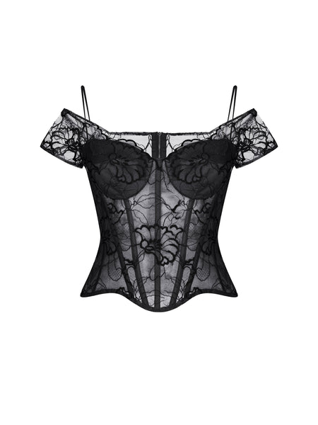Womens Sexy Off Shoulder Lace Corset Top Goth Black White Bustier Cors