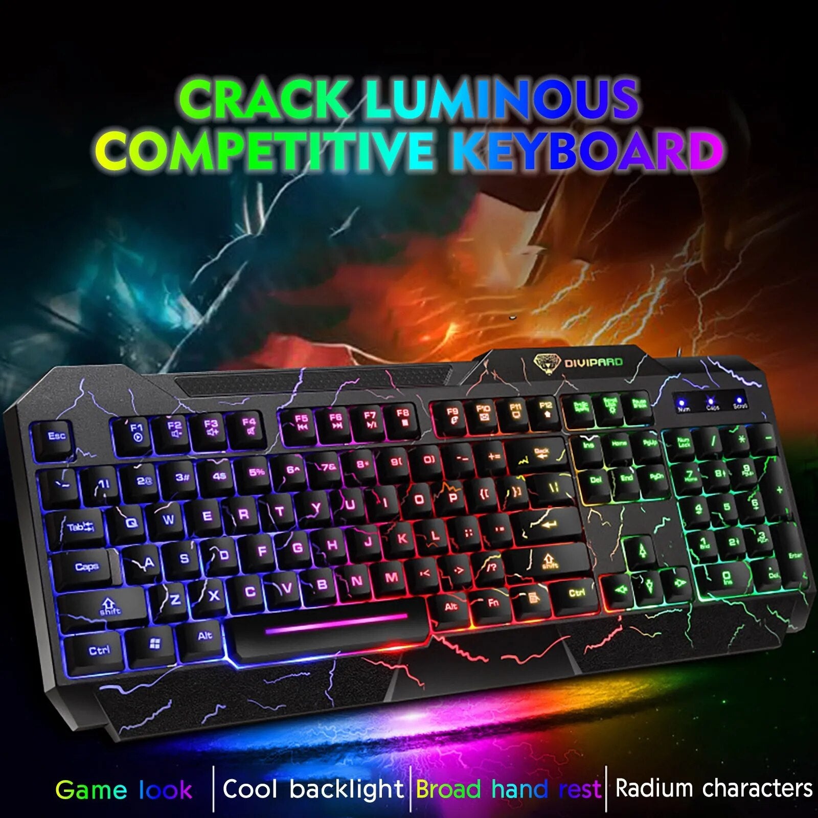 Crack Backlit Gaming Keyboard Wired Keyboards Gamer 104 Key Ergonomic PC Keycap For Office Laptop PC Games Computer