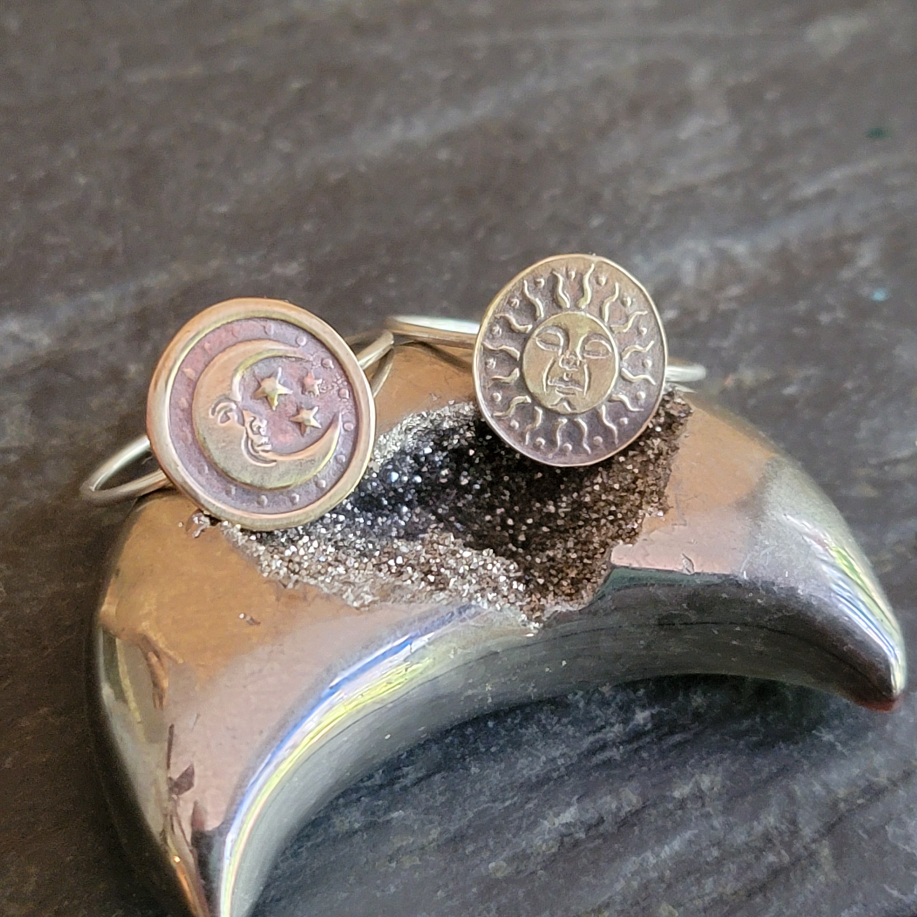 Celestial Sun/Moon Stacking Rings with Sterling Silver Band