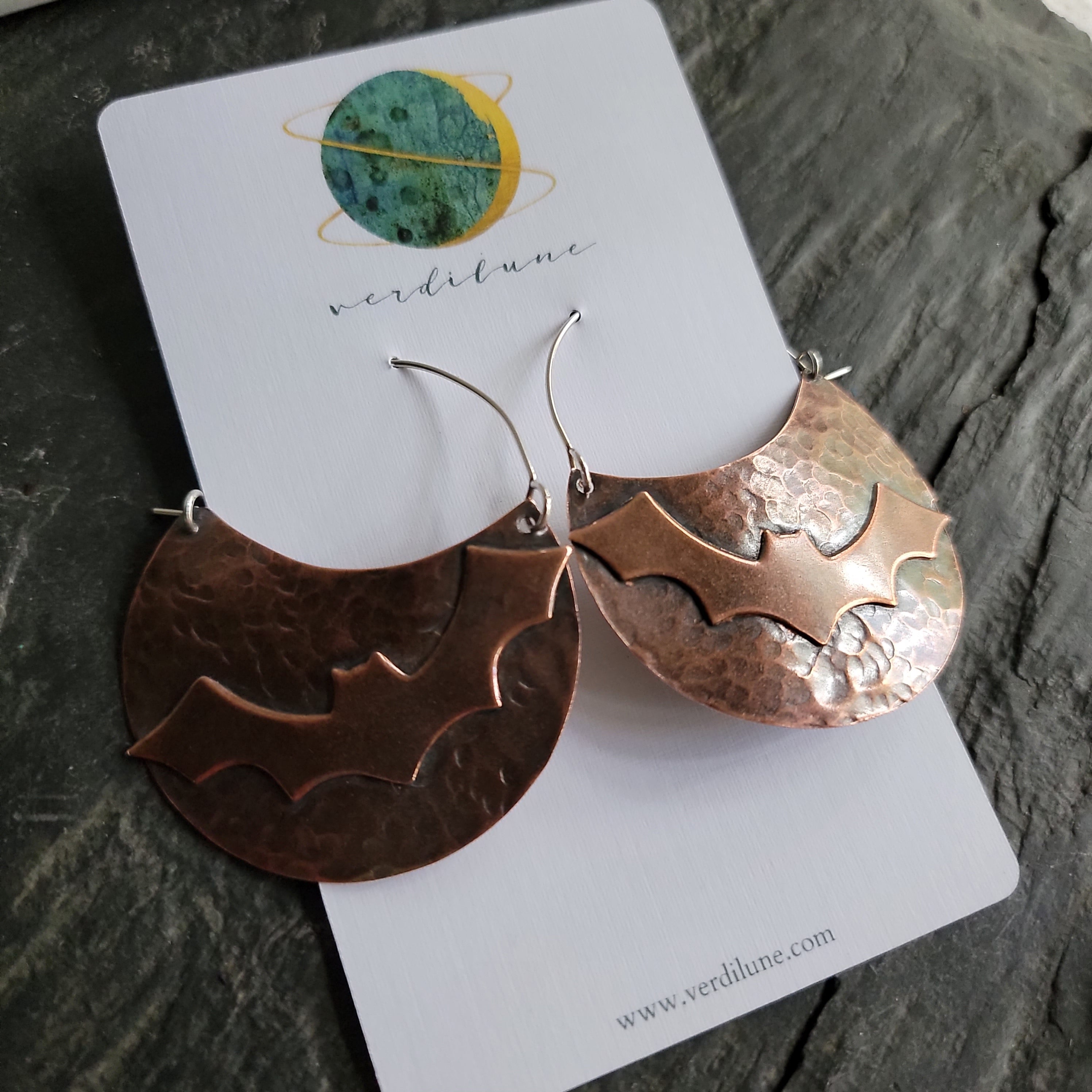 Bat Signal Earrings in Copper