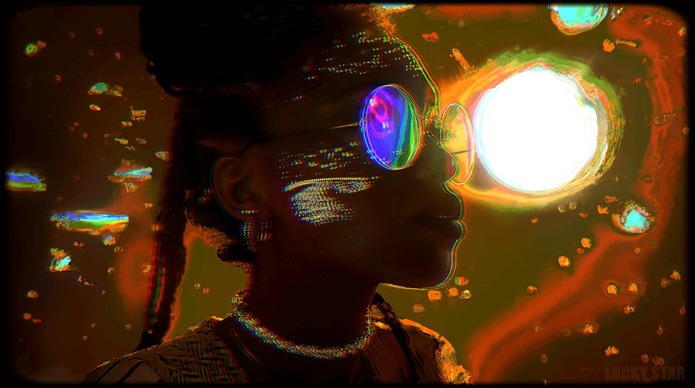 A profile view of a person wearing round, reflective sunglasses that capture the surrounding glowing, abstract colors. The image has a surreal, digital aesthetic, with light and colors blending to create a sense of mystery and introspection.