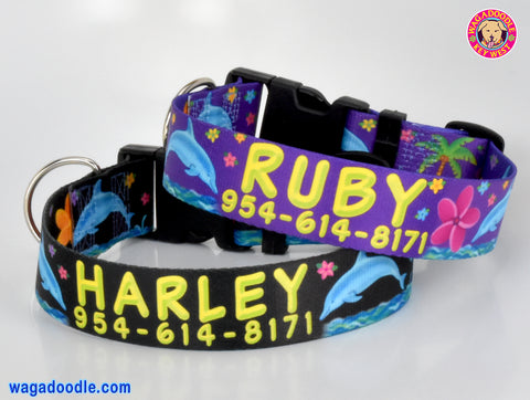 Personalized dog collars with the pet's name and phone number surrounded by dolphins and palm trees on black and purple background.