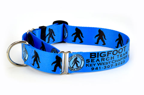 A blue martingale dog collar dog collar with a bigfoot