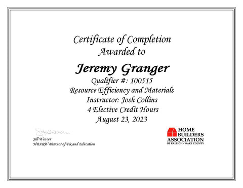 Resource Efficiency and Materials Certificate