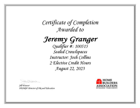 Sealed Crawlspace Certificate