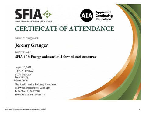 Energy codes and cold-formed steel structures certificate