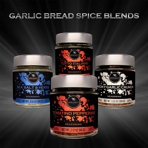 Wurzpott Garlic Bread Spice Blends Jars of Tutto Italiano, Tomatino Pepperino, Smoky Garlic Crunch and Sea Salt & Herbs
