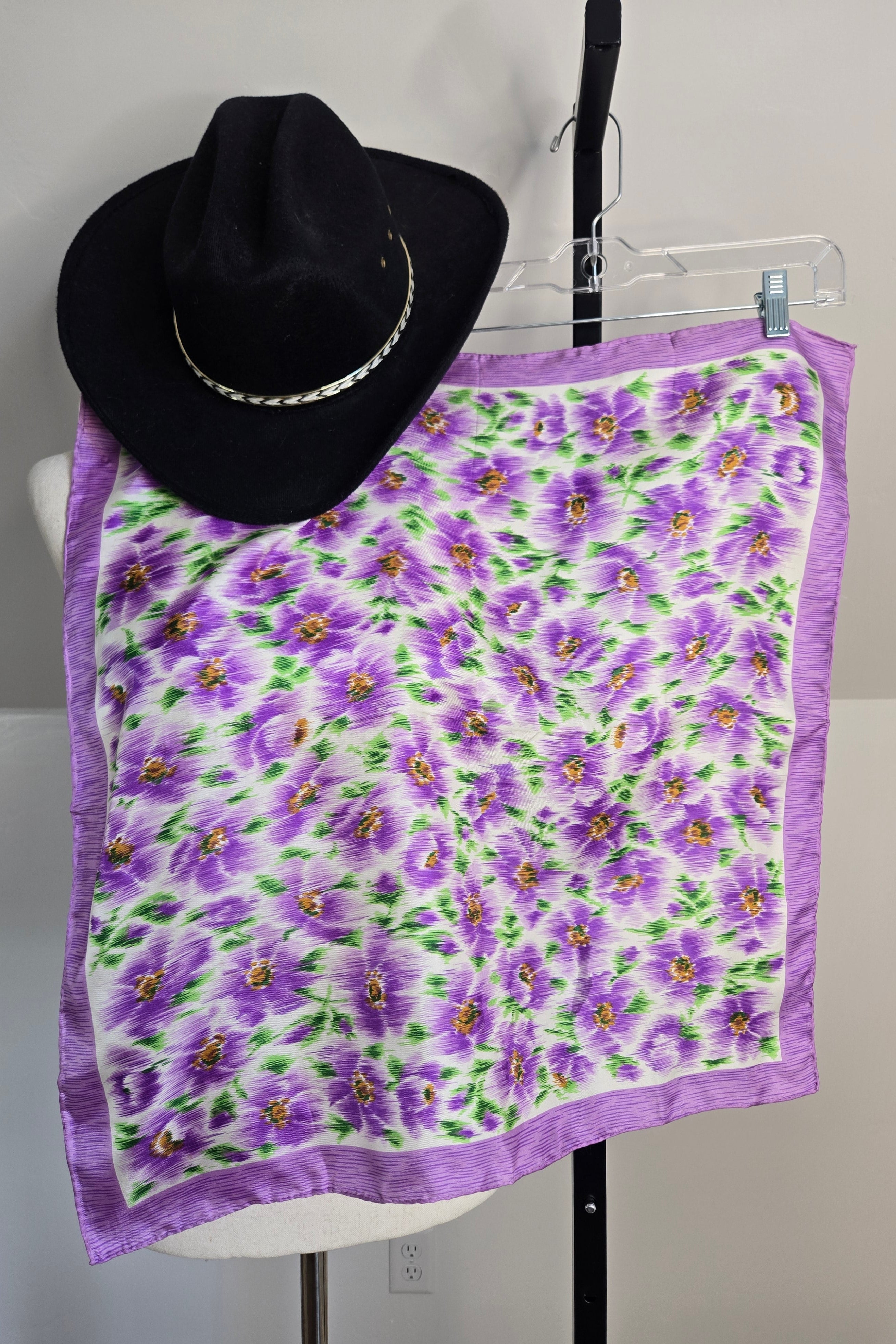 Vintage 1940s Glentex 100% Silk Lavender Floral Scarf Made in Japan