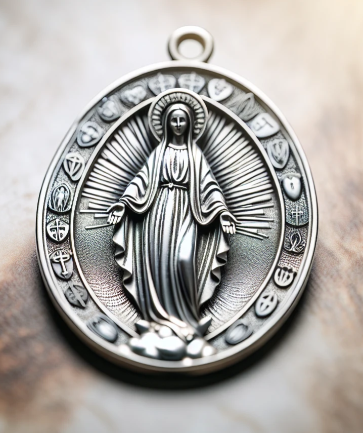 Miraculous Medal with sacred symbols and the Virgin Mary